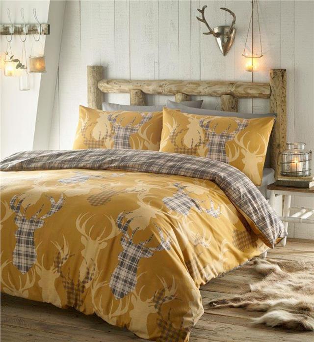 Stag duvet sets & tartan check quilt cover ochre mustard rustic bedding
