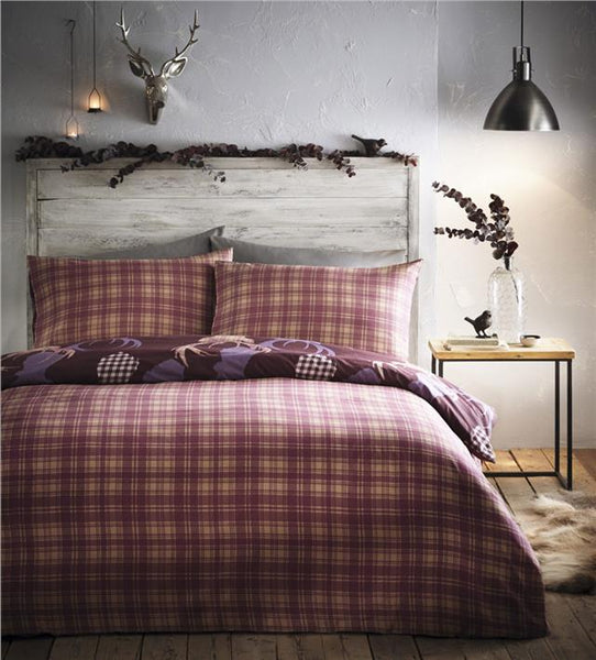 Stag duvet set tartan check quilt cover bed set aubergine plum rustic bedding