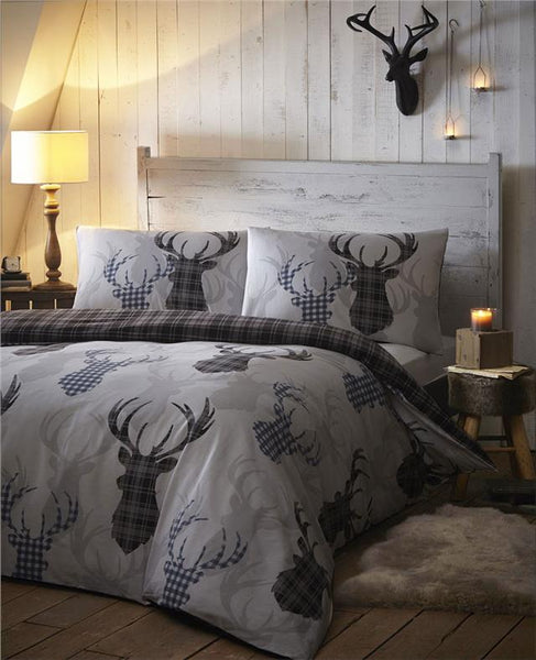 Stag duvet sets with tartan check reverse quilt cover grey / blue rustic bedding