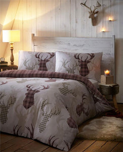 Duvet Sets Tartan Stag Reversible Bedding Checked Quilt Cover Bed Set Natural
