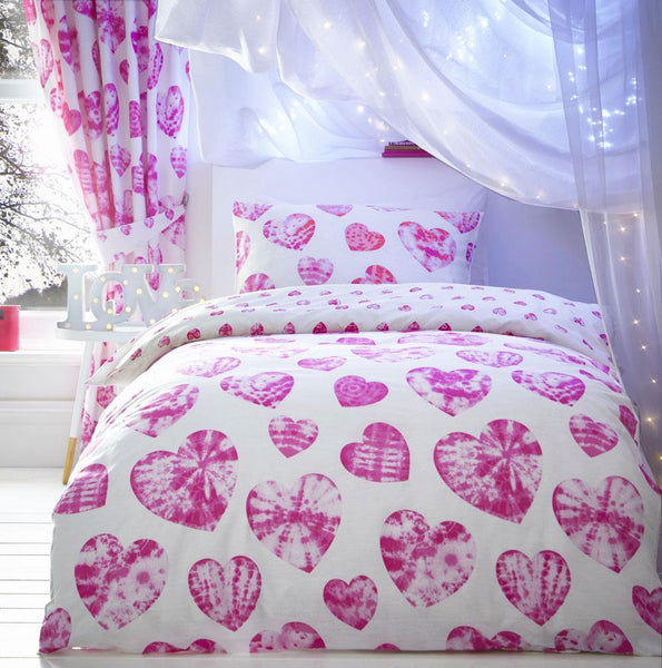 Girls pink bedding tie dye hearts duvet cover bed sets matching curtains option