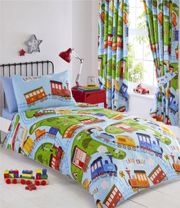 Boys duvet set blue toy trains quilt cover bedding matching curtains available