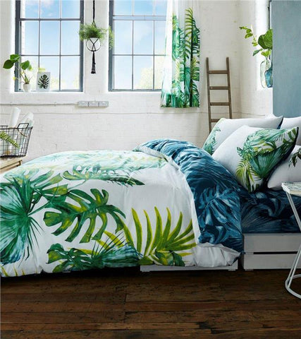 Duvet sets green tropical palm leaf print bedding quilt cover & pillow cases