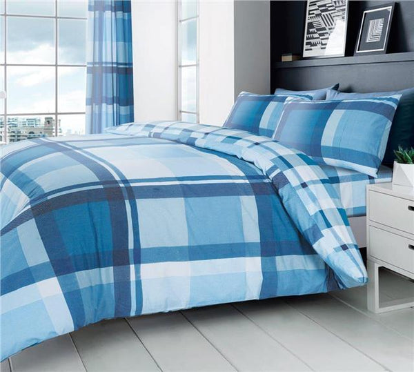Blue bedding duvet set check quilt cover pillow cases modern light blue tartan