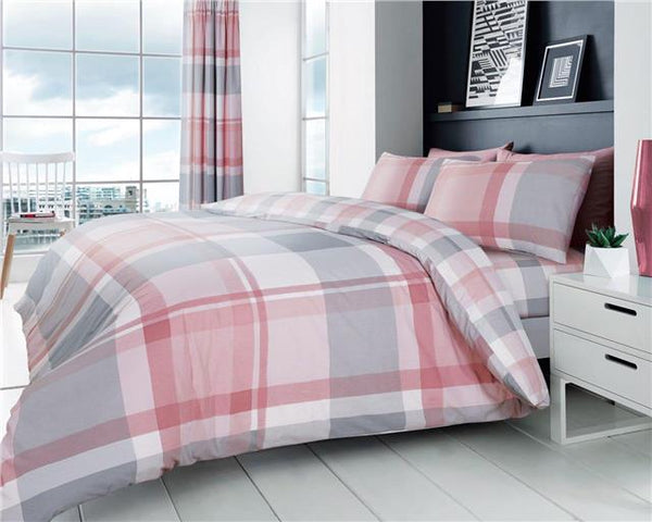 Pink bedding duvet set check quilt cover pillow cases modern grey & blush tartan