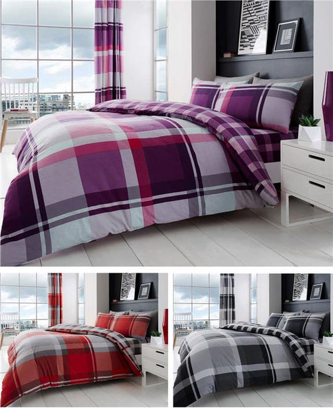 Duvet set quilt cover & pillow cases wide tartan check squares purple grey red