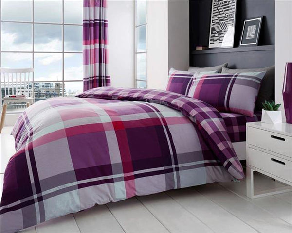 Duvet set quilt cover & pillow cases wide tartan check squares purple grey red