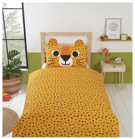 Childrens Bedding Duvet Quilt Cover Bed Set Reversible Animal Orange leopard cat