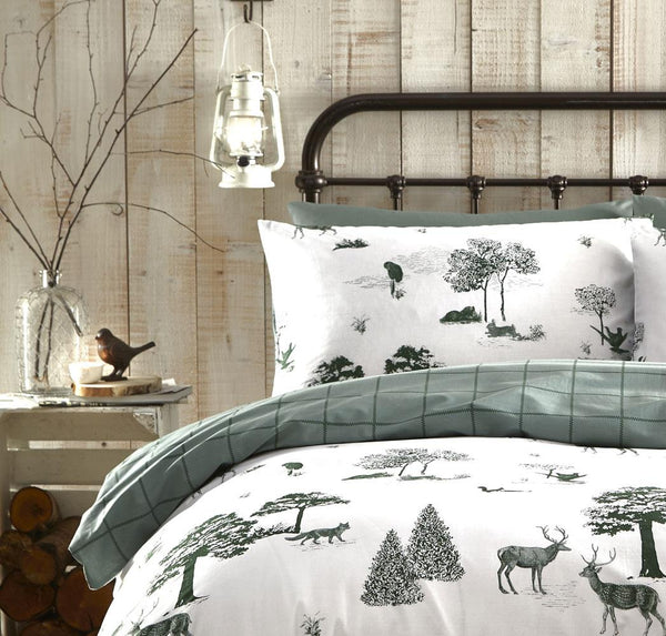 Duvet set quilt cover bedding winter toile stag countryside wildlife green check