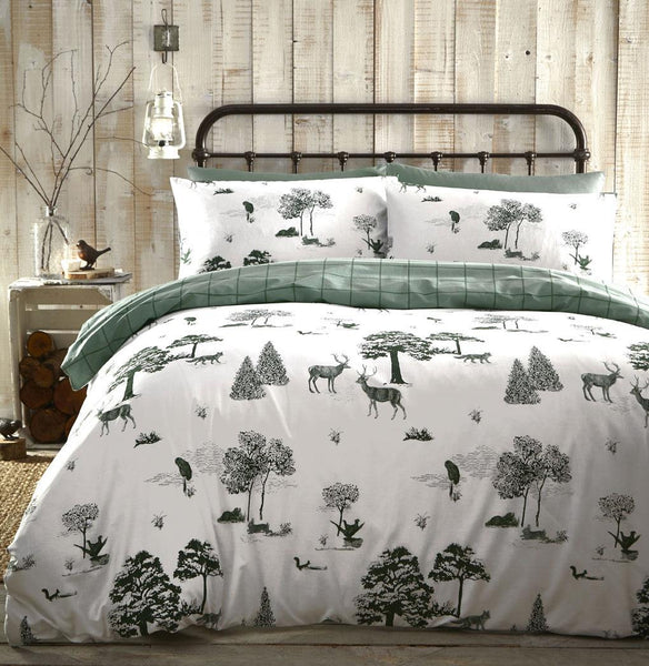 Duvet set quilt cover bedding winter toile stag countryside wildlife green check