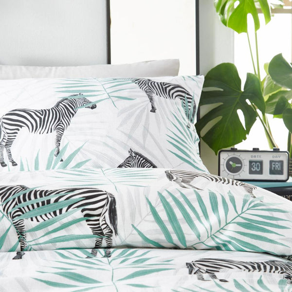 Duvet Set Zebra Jungle Palm Leaf Print Tropical Bedding Quilt Cover Black Green
