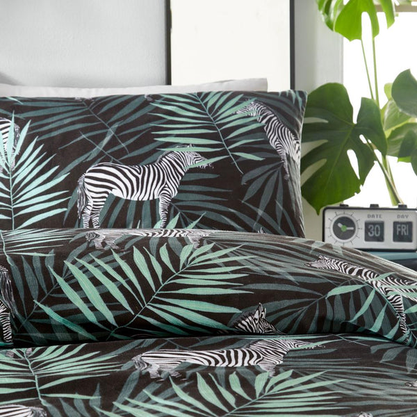 Zebra Duvet Set Exotic Palm Leaf Green Tropical Bedding White Black Reversible